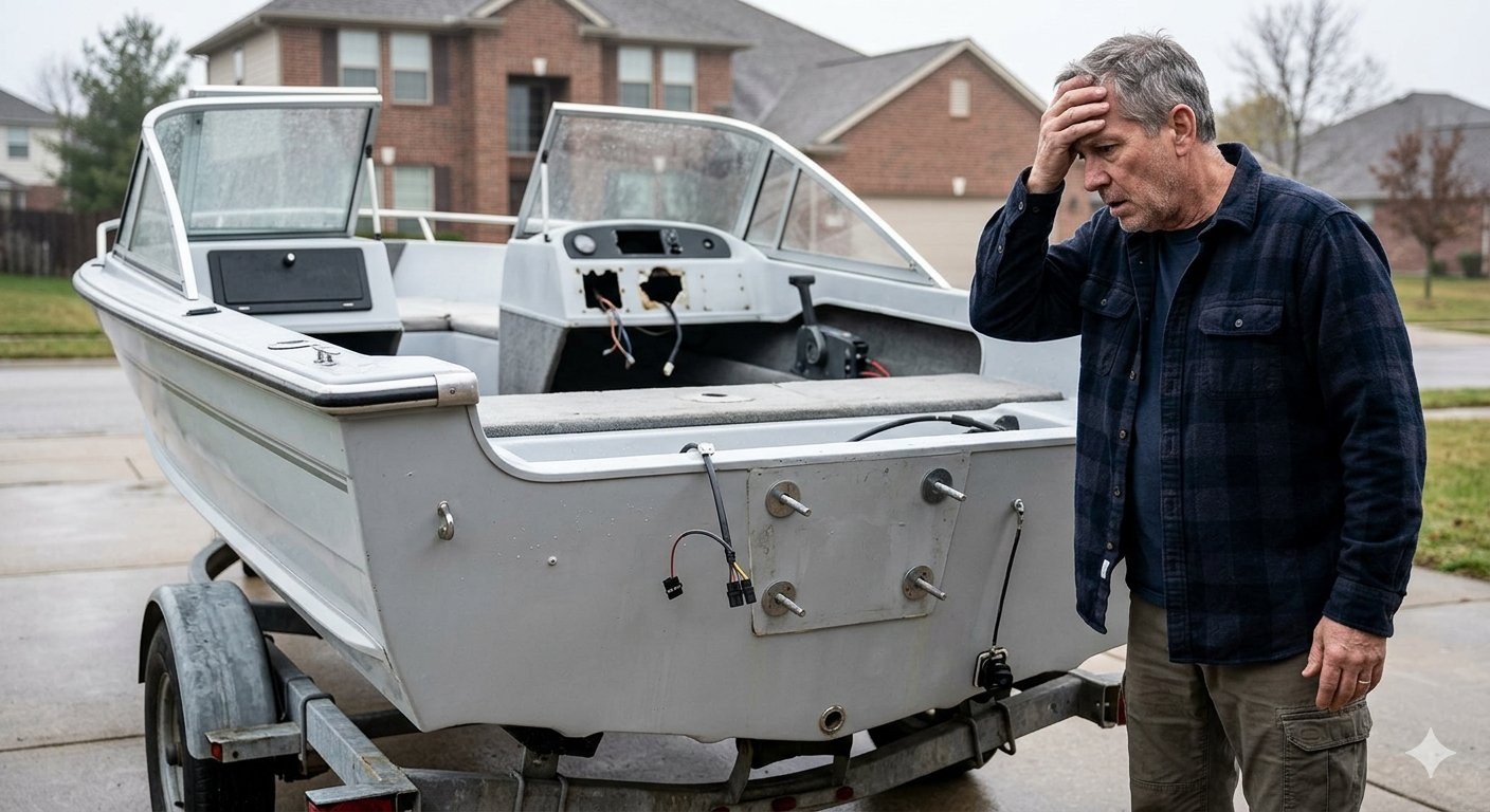 Boat owner standing at an empty boat trailer after an outboard motor and gear were stolen overnight