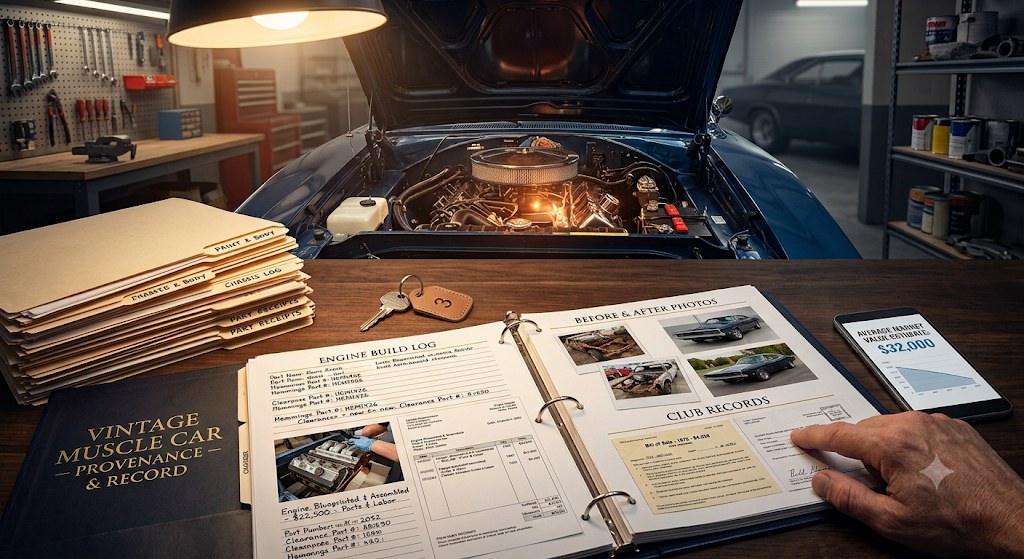 Classic car owner in a garage documenting restoration work with photos and receipts