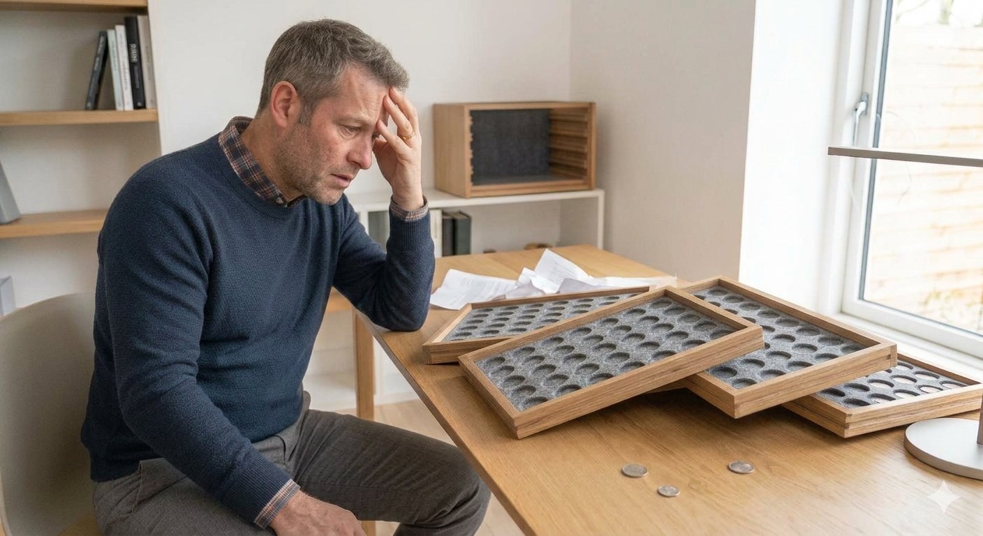Display case of a coin or antique collection with an empty section after items went missing