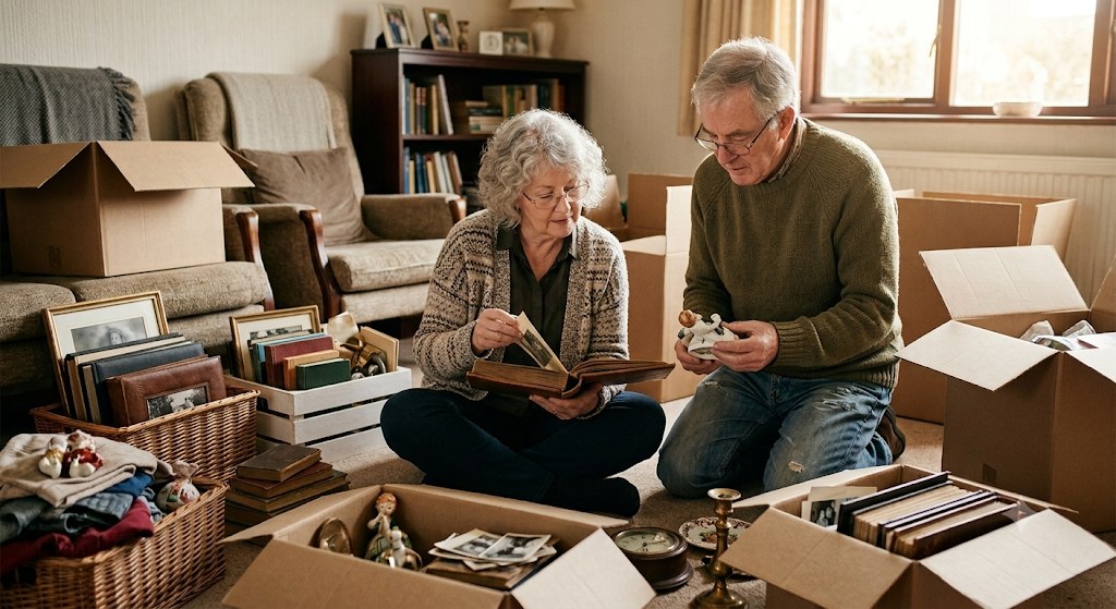 Person sorting through decades of belongings while downsizing or preparing to move house