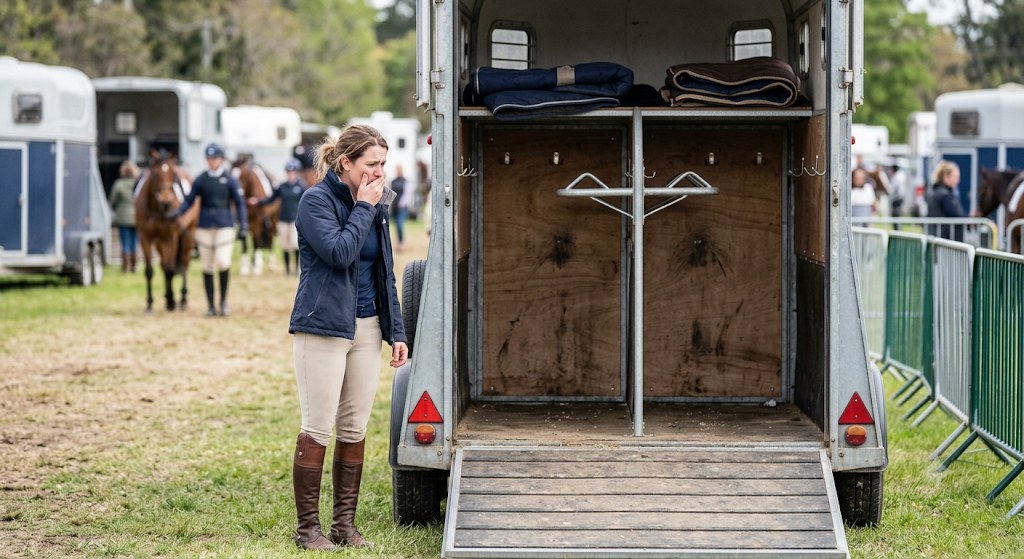 Horse owner standing at an open, emptied tack room or float after gear went missing