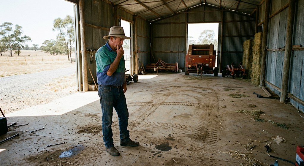 Farmer standing in an empty machinery shed after equipment went missing