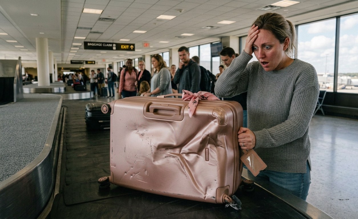Traveller unpacking a suitcase at home and noticing an item missing or damaged