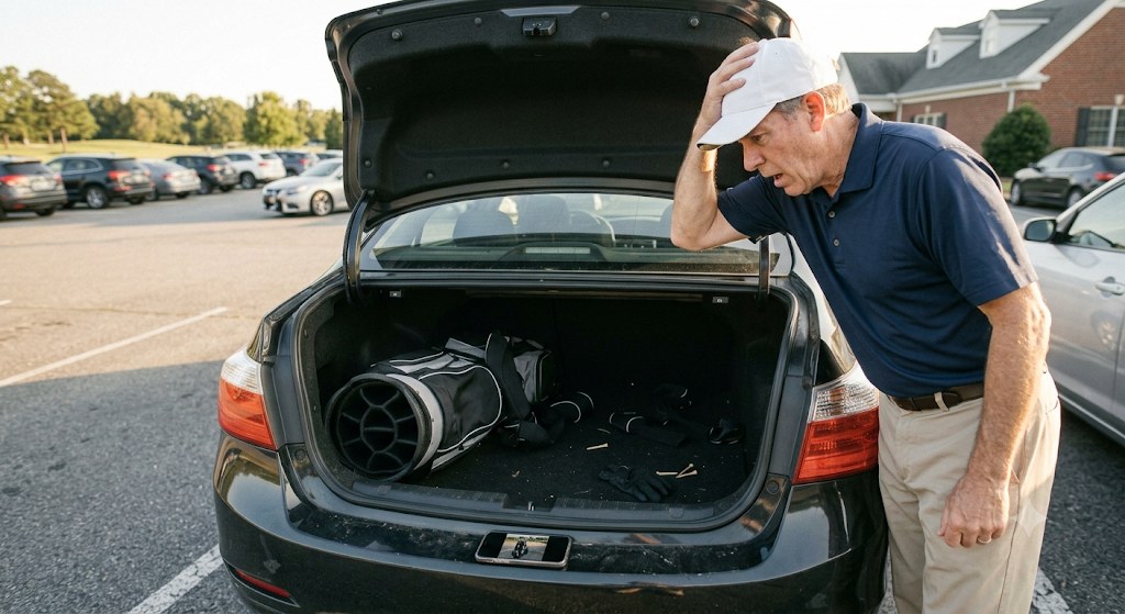 Golfer standing at an open car boot after golf clubs went missing