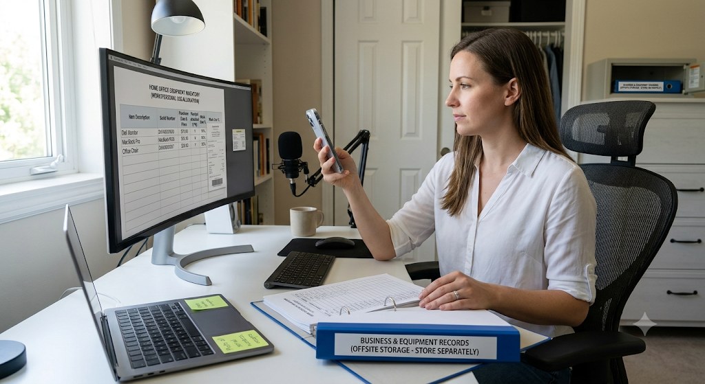 Freelancer working at a home office desk with laptop, monitor and equipment