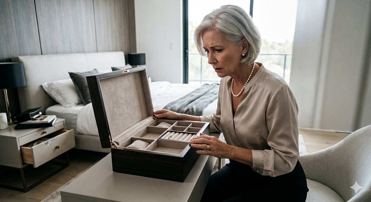 Homeowner looking at an emptied jewellery box after a break-in