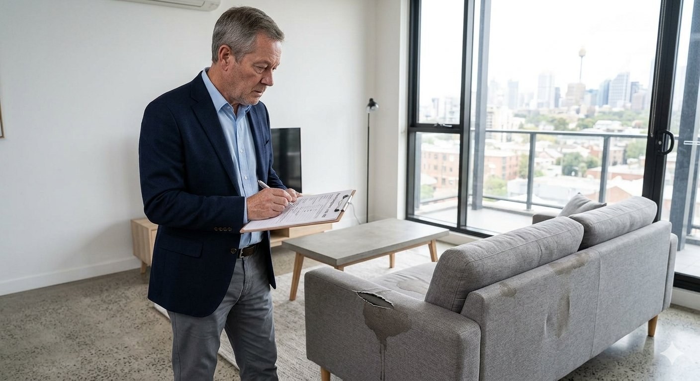 Landlord or host inspecting a rental property for damage against a condition report