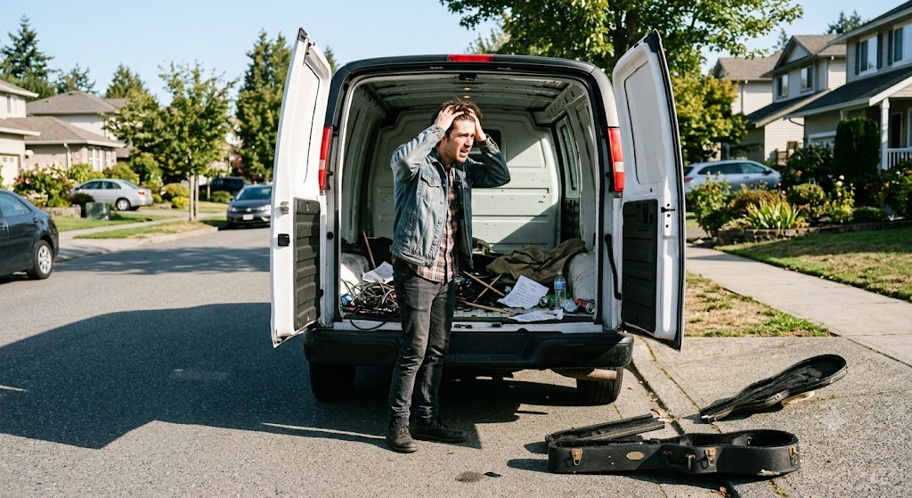 Musician looking at an empty van after equipment was stolen following a gig