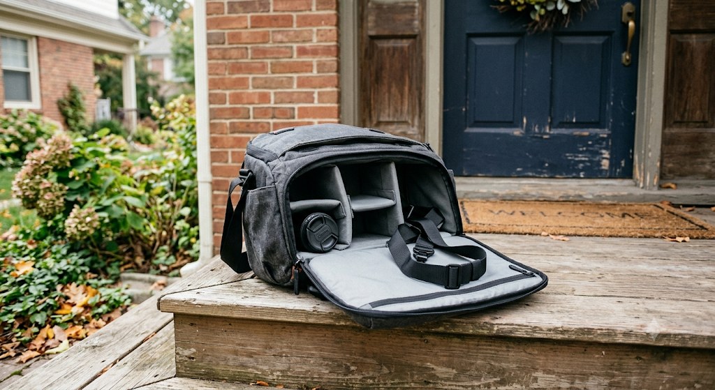 Photographer looking at an empty spot where a camera bag used to be after gear went missing at a shoot