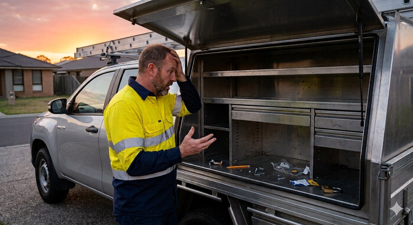 Tradesman standing shocked at his ute tray after his tools were stolen from a locked toolbox overnight